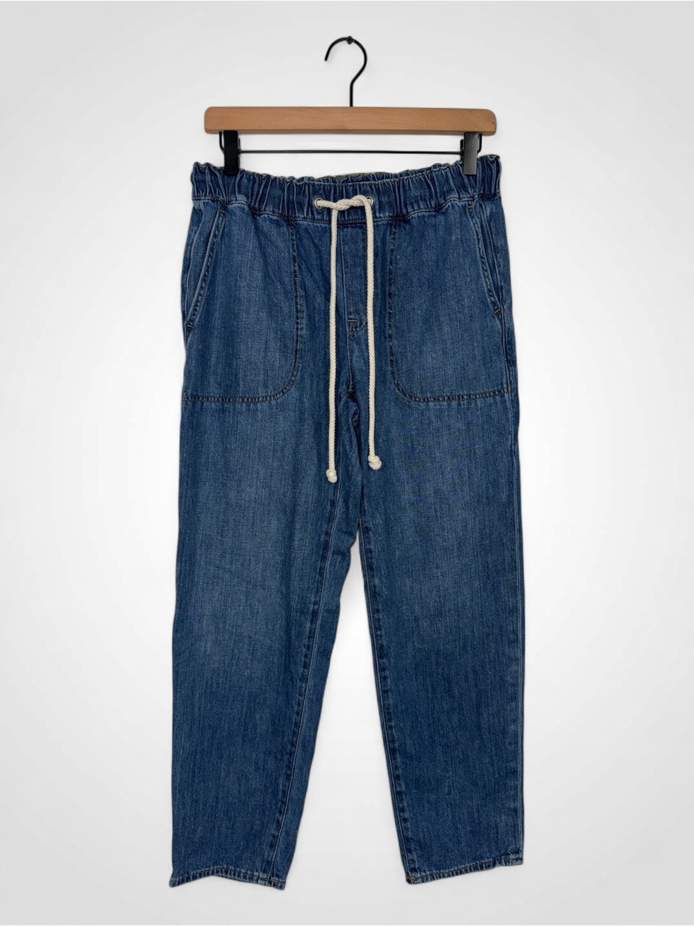 WJ206 {J. Crew} Blue Pull On Elastic Tie Waist Tapered Straight Leg Denim Jeans